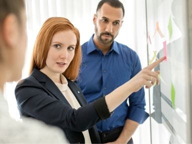 In unseren Kursen lernen Sie alles zum Thema Marketingstrategie und -planung, Konzeptionierung und vieles mehr. Junge Frau stellt ihre Ideen in einer Marketing Weiterbildung vor