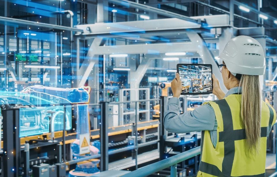 Eine moderne Produktionsumgebung mit Automatisierung und Digitalisierung, eine Mitarbeiterin verwendet dazu ein Tablet zur Steuerung industrieller Prozesse 