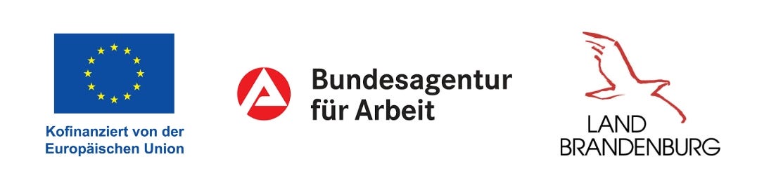 Logoleiste mit dem EU-Logo, Bundesagentur für Arbeit Logo, Logo des Land Brandenburg